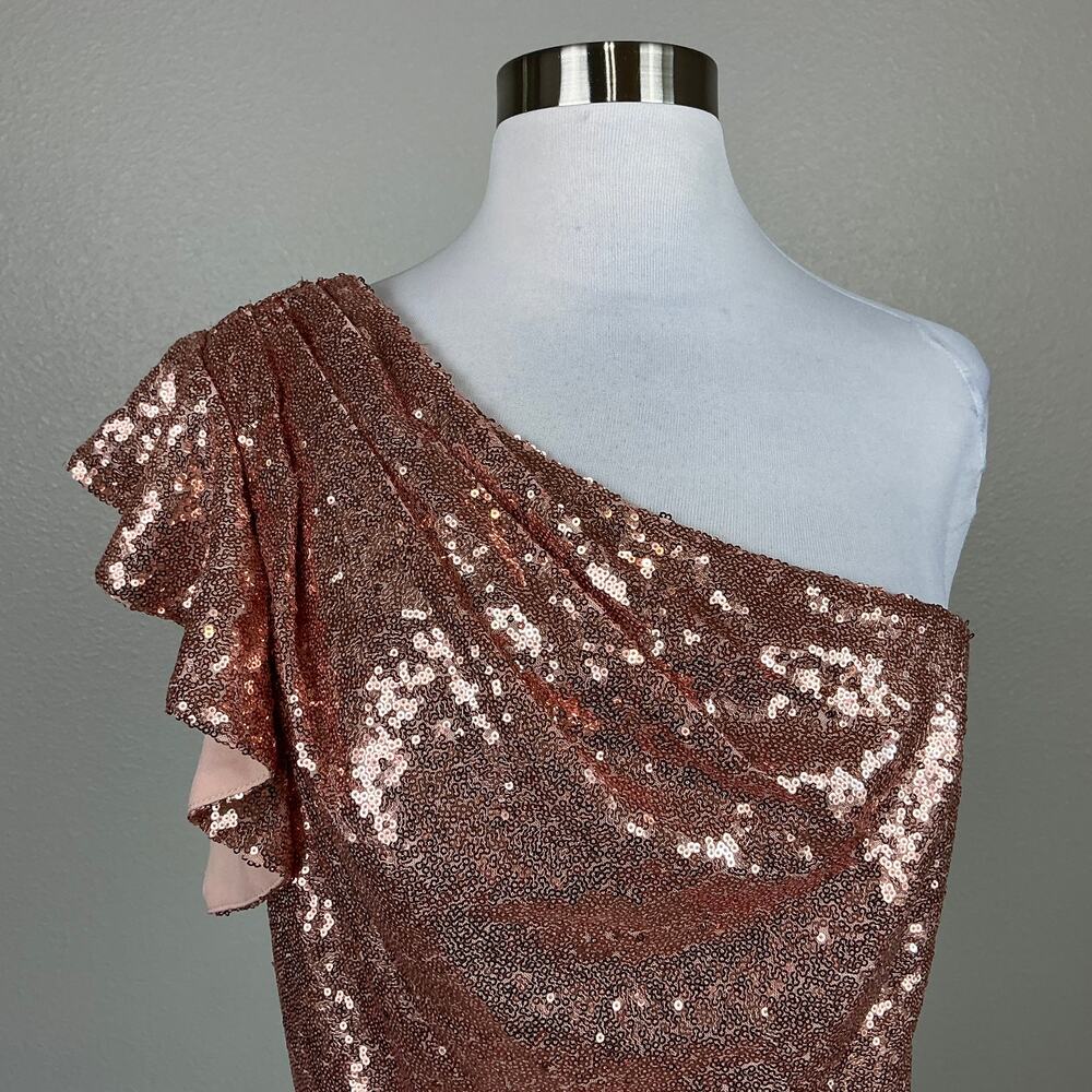 Mac Duggal 71062 Rose Gold Cocktail Dress Sequin One Shoulder Sheath Size 12 - Picture 7 of 13